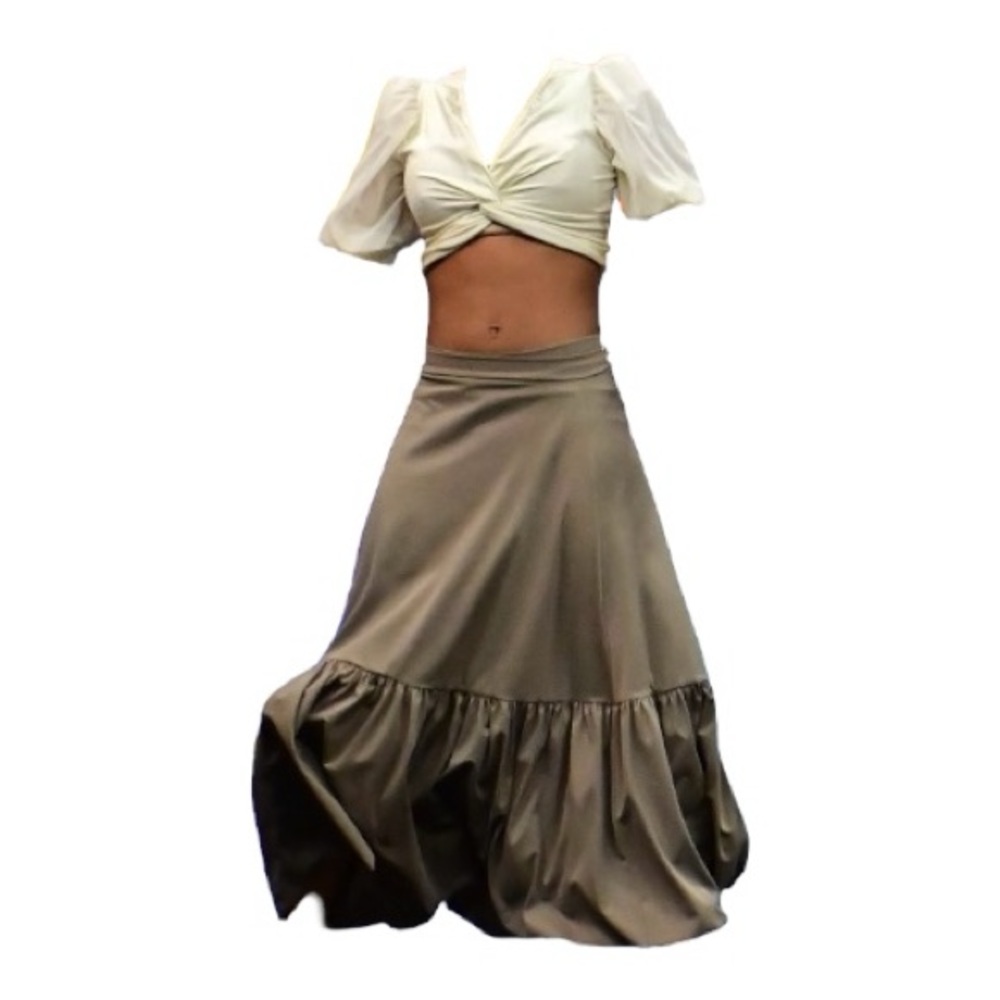 Cream Twist-Front Crop Top and Taupe Maxi Skirt Set